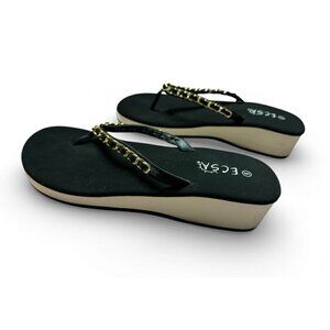 NWT Black & White Wedge Sandals with Gold Chain Detail